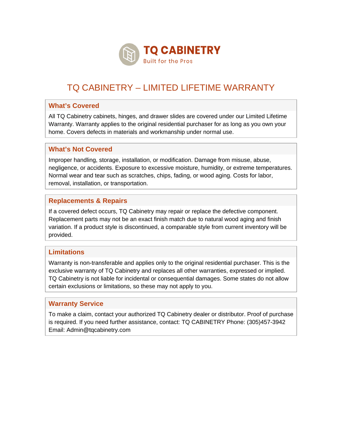 Warranty - TQ CABINETRY